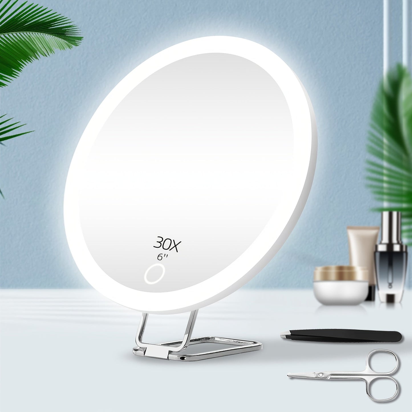 Rechargeable 30X LED Magnifying Mirror with 6-Inch Handheld Travel Design, Hanging Loop and Two Options