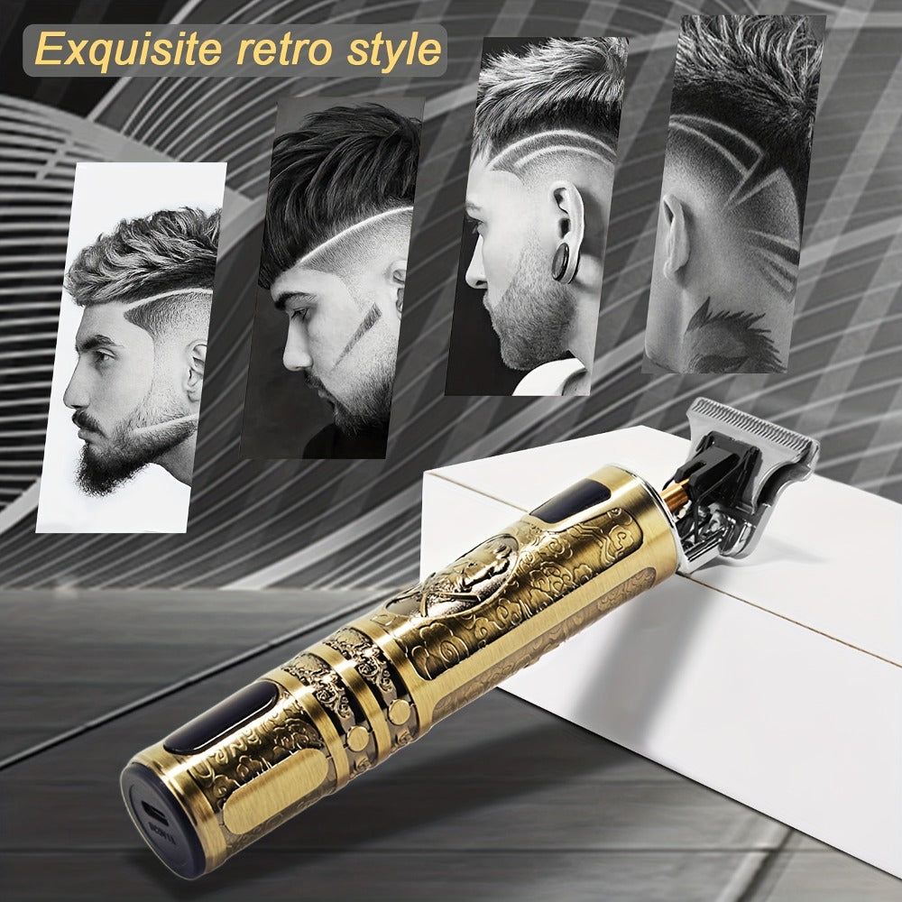 Hair Clippers & Trimmers Vintage Gold T-Blade Model with LCD Display, USB Charging and Three Etched Designs
