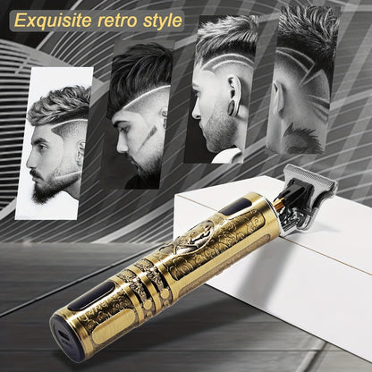 Hair Clippers & Trimmers Vintage Gold T-Blade Model with LCD Display, USB Charging and Three Etched Designs