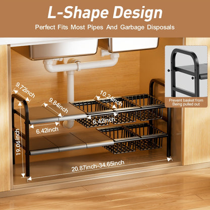 Expandable Two-Tier Under-Sink Organizer with Five Panels, Five Baskets and Exact Black Configuration