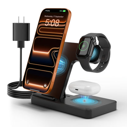 Wireless Charging Station, Foldable 3-in-1 15W Portrait-Landscape Stand with Four Black or White Adapter Options