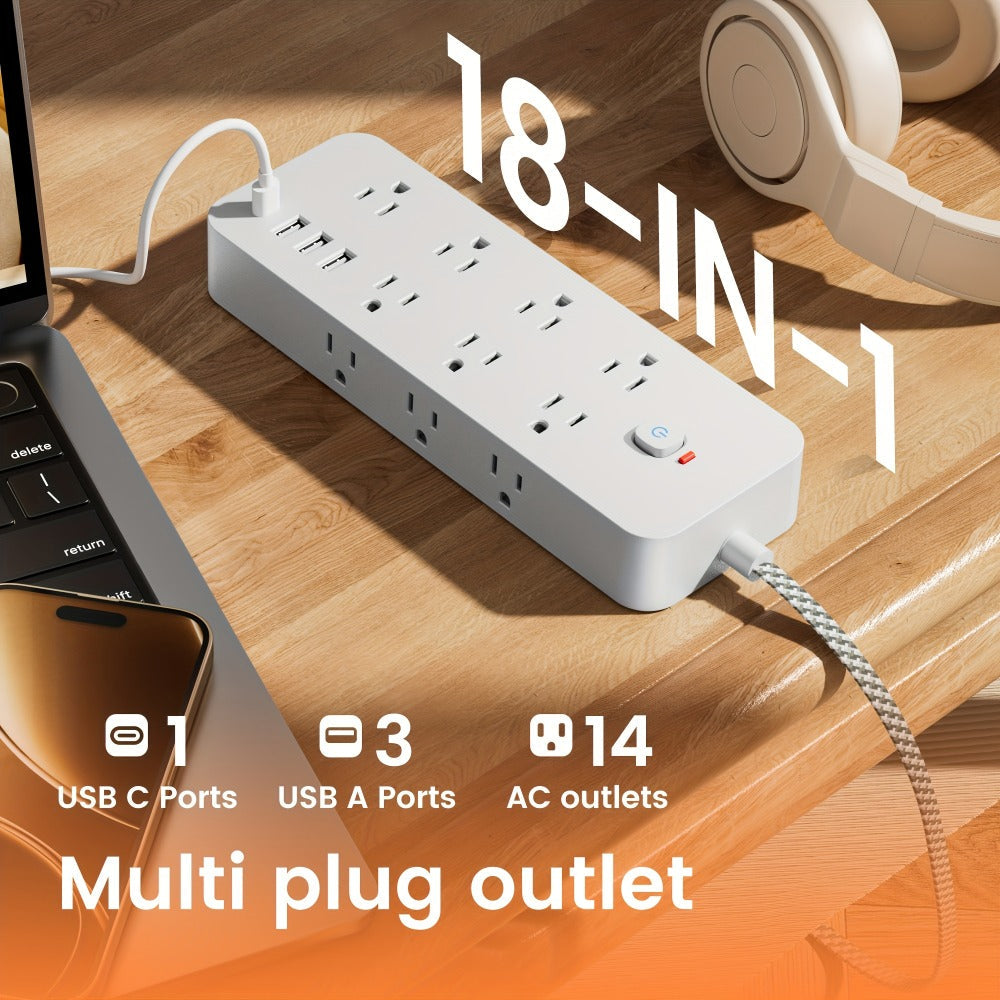 Surge Protector Power Strip 18-in-1 with 14 AC Outlets, 3 USB-A, 1 USB-C, 4 ft Flat Cord and Wall-Mount Holes