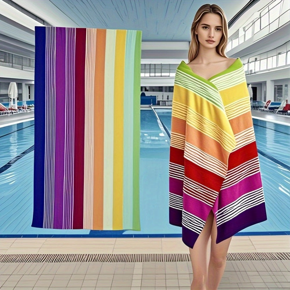 Oversized Rainbow-Striped Beach Towel, 67 x 35.4 Inches, Lightweight Design for Pool, Camping and Travel