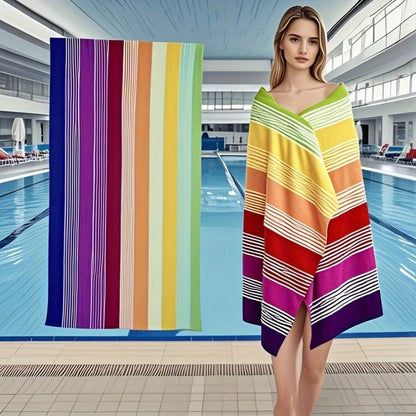 Oversized Rainbow-Striped Beach Towel, 67 x 35.4 Inches, Lightweight Design for Pool, Camping and Travel