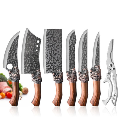 Multi-Piece Kitchen Knife Set with Stainless Steel Labels in Black Three-Piece or Brown Seven-Piece Options