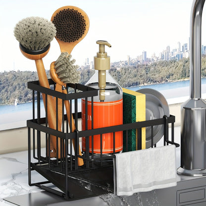 Black Sink Caddy with Drain Tray, Hanging Dishcloth Bar, Brush Holder and 23.5 cm Countertop Width