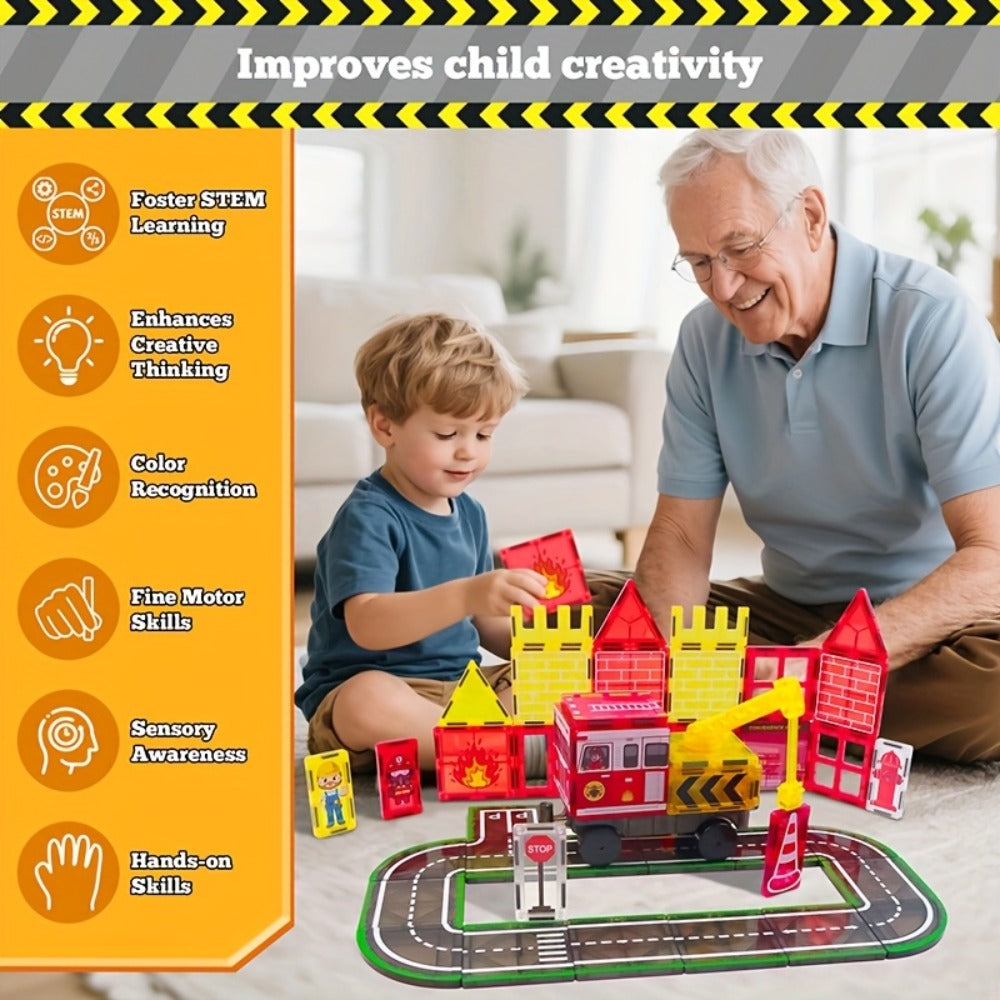 Magnetic Tiles 56-Piece Fire Station Building Set with Road Panels, Crane, Ramps and Vehicle Pieces