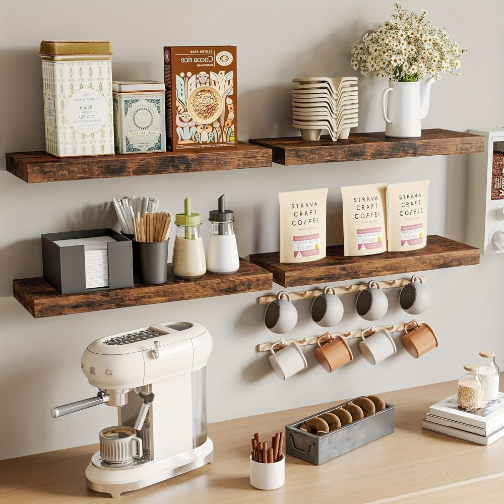 Floating Shelves for Wall 4pcs 15.8in – Wall Mounted Shelf with Invisible Bracket for Bathroom, Living Room, Bedroom, Kitchen, Office Decor | Brown, White, Black