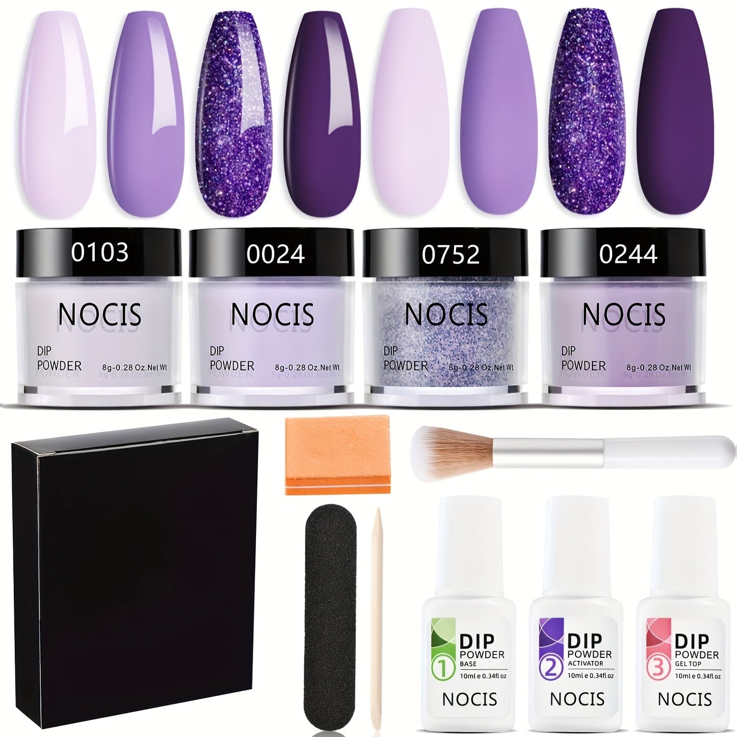 Dip Powder Nail Kit with NOCIS Label, Four Lilac Lavender Purple Glitter Powders, Three 10ml Liquids and Tools