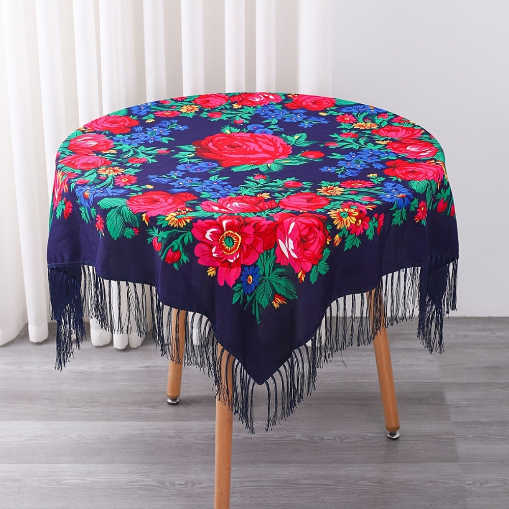Tablecloth Square 53-Inch Floral Cover with Tassel Trim, Polyester Fabric and Six Color Options