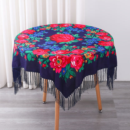 Tablecloth Square 53-Inch Floral Cover with Tassel Trim, Polyester Fabric and Six Color Options