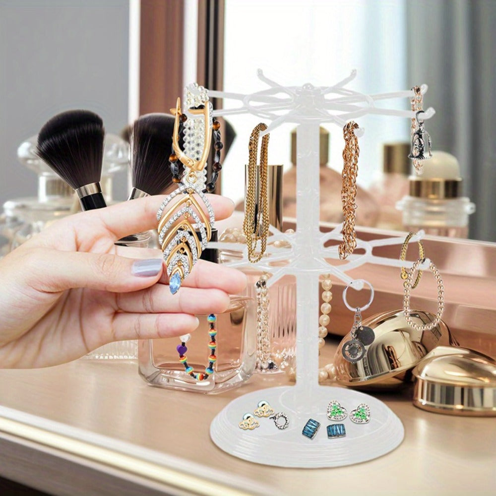 Rotating Jewelry Stand 2-Tier Black – Necklace Bracelet Earring Organizer Display Rack, Plastic Hanging Jewelry Tower for Dressing Table Counter, Keychain Holder, No Electricity Needed