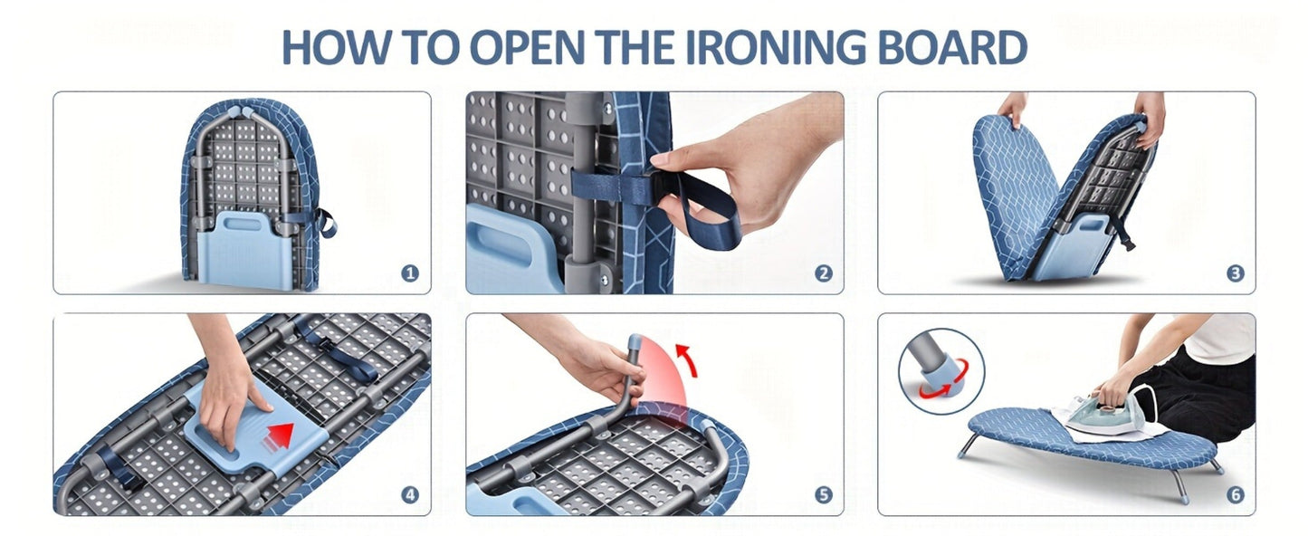 Mini Blue Tabletop Ironing Board with Short Folding Legs, Hanging Loop and Geometric Cover
