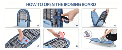 Mini Blue Tabletop Ironing Board with Short Folding Legs, Hanging Loop and Geometric Cover