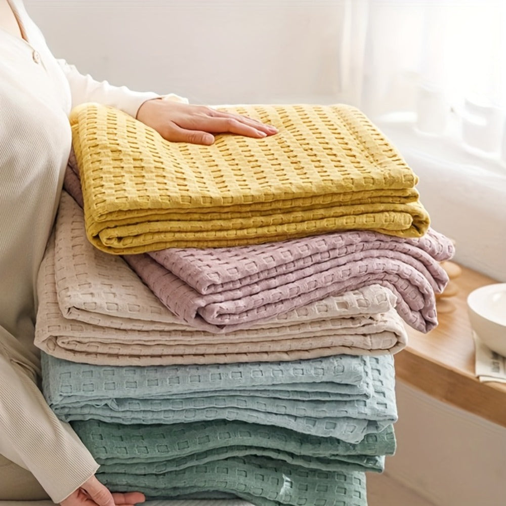 Cotton Waffle Blanket – Pure Cotton Multilayer Summer Cooling Quilt, Jacquard Knit, Machine Washable, Air Conditioning Blanket
