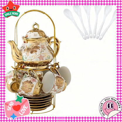 20-Piece Floral Ceramic Tea Set with Saucers & Metal Stand, European Afternoon Tea Service, Blooming Design