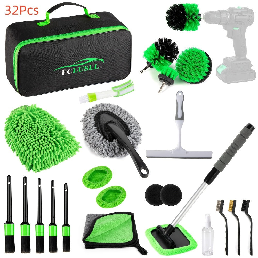 Car Cleaning Kit with Portable Vacuum Cleaner – 17/24/29/32/35pcs Interior Detailing Set with Windshield Cleaner, Drill Brush Set & Interior Brush Set – Complete Auto Care Kit