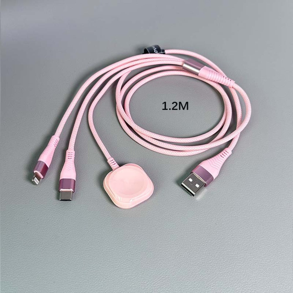 Nylon Braided 3-in-1 Magnetic Charging Cable 1.2M – iWatch Wireless Charger + Lightning Fast Charge + USB-C for iPhone 8–16 Android Samsung – Apple Watch Series 1–10 SE Ultra Nike+ Pink