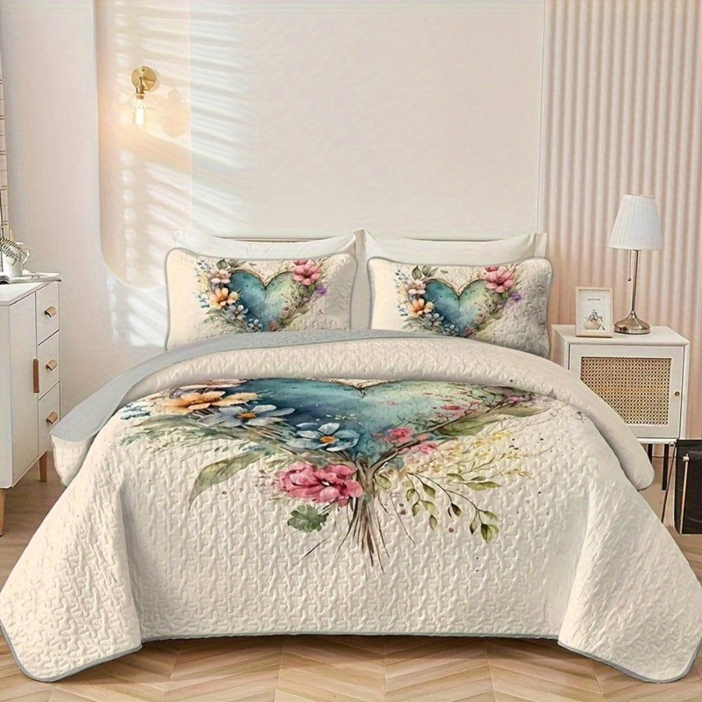 Watercolor Floral Quilt Set with Botanical Heart Print in Polychrome Twin, Full/Queen or King Sizes