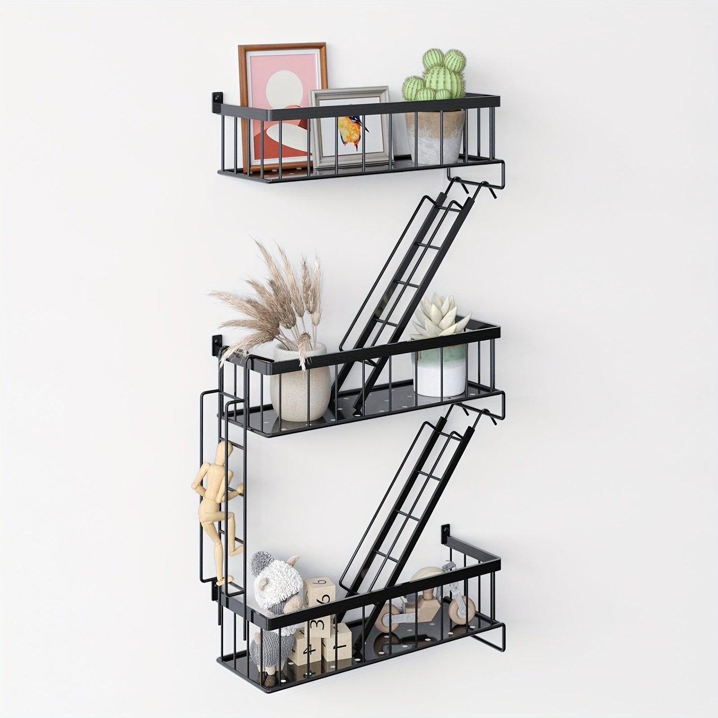Three-Tier Black Ladder Wall Shelf with 27-Inch Height, Three Baskets and Side Hook Set for Storage