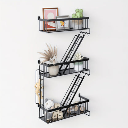 Three-Tier Black Ladder Wall Shelf with 27-Inch Height, Three Baskets and Side Hook Set for Storage