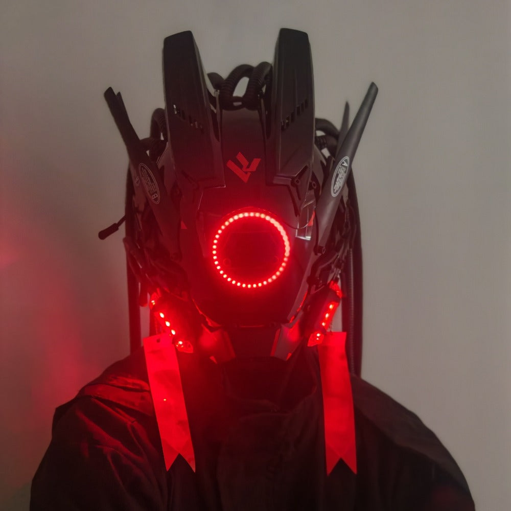 LED Braided Cyberpunk Costume Helmet with Circular Face Light and Blue, Green or Pink Accent Styles