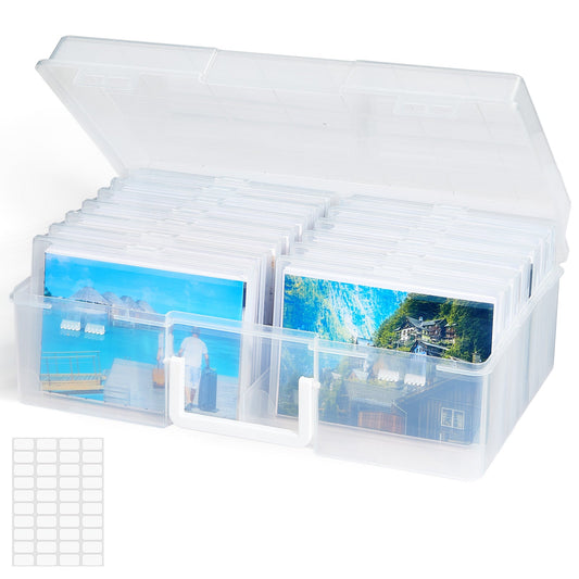 4x6 Photo Storage Box with 14 Inner Photo Keeper Cases Holds 1400 Photos Clear Plastic Photo Organizer with Lids Label Stickers BPA-Free for Cards Pictures Stamps Craft Office Supplies