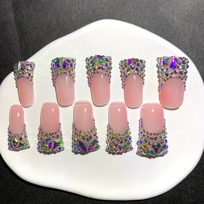 Press On Nails Duckbill French Tip AB Diamond Shiny Nude – Long Handmade Wearable Nail Set 10pcs with Tools for Wedding Party Date School S/M/L