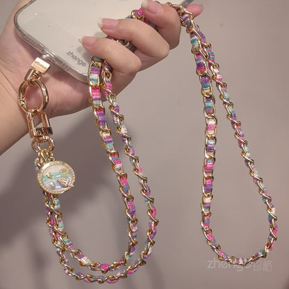 Purple Rose Pattern Phone Crossbody Chain Lanyard with Round Disc Charm and Pictured 65 cm Length