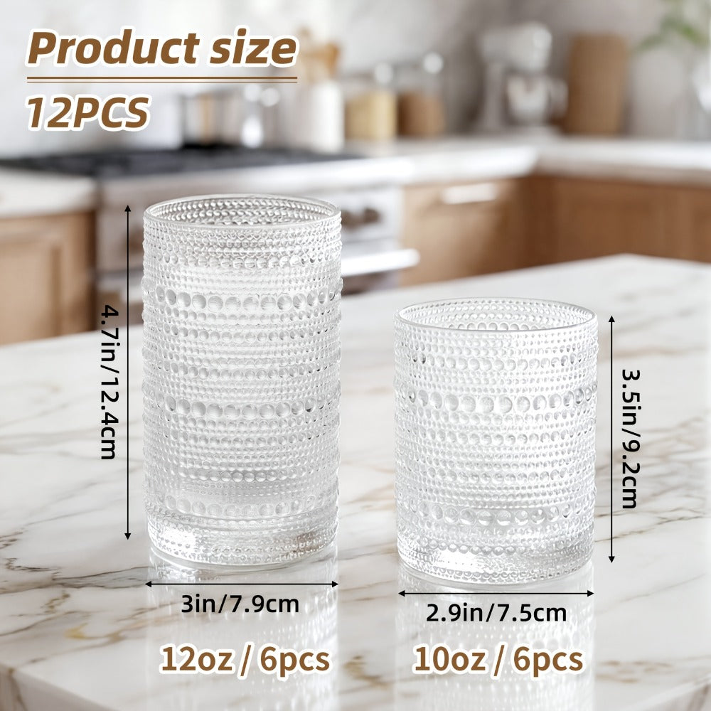 Embossed Highball Glass Drinkware Set, 12-Piece Clear, Green or Blue Cups in 10oz and 12oz Sizes