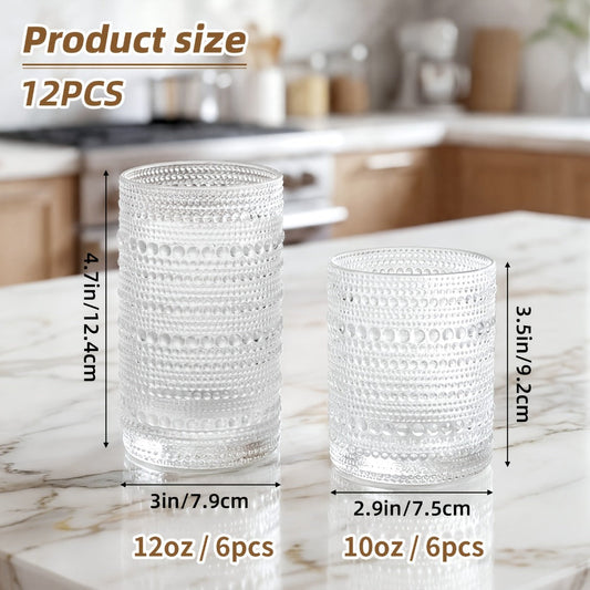 Embossed Highball Glass Drinkware Set, 12-Piece Clear, Green or Blue Cups in 10oz and 12oz Sizes
