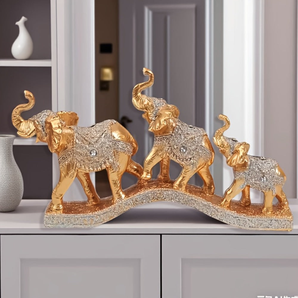 Golden Elephant Family Figurine Set with Three Resin-Look Sculptures on a 14-Inch Display Base