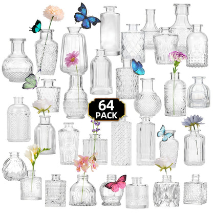 64-Piece Clear Glass Bud Vase Set in Mixed Small Shapes and Sizes for Wedding Tables and Home Displays