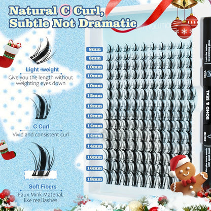 C-Curl Spike Lash Extension Kit with 140 Clusters in Mixed 8-18mm Lengths, Adhesive Tube and Curved Applicator