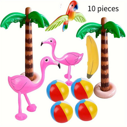 Hawaiian Luau Inflatable Decoration Set with Two Palm Trees, Two Flamingos, Four Beach Balls, Parrot and Banana