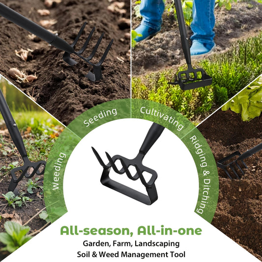 Hula Hoe 2-in-1 Dual Head Stirrup Loop Hoe & 4-Tine Cultivator Rake Heavy Duty All-Metal Long Handle 62 73 82 Inch for Weeding Aerating Loosening Soil