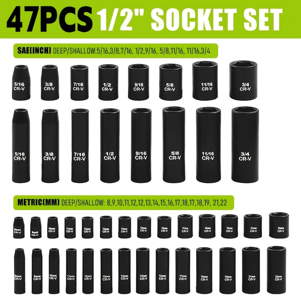 Impact Socket Set, 53-Piece Tool Set, 47-Piece 3/8" Drive & 34-Piece 1/2" Drive, SAE & Metric Sizes