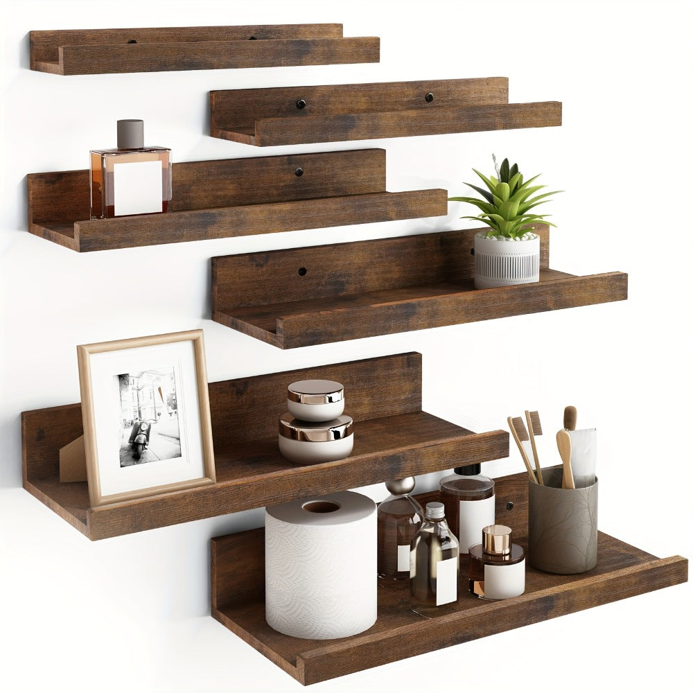 Six-Piece Wall Shelf Set in Graduated Sizes with White, Brown or Black Finish for Layered Displays