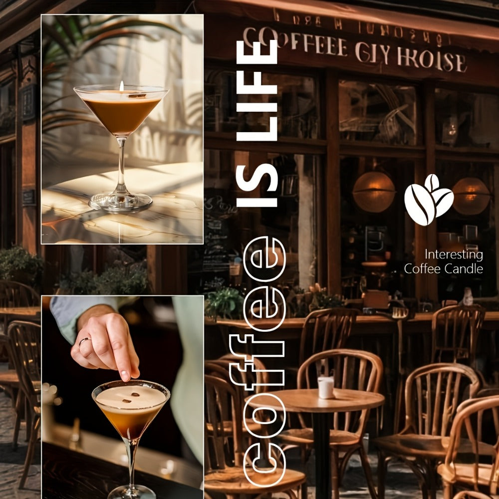 Coffee Martini Candle in Stemmed Glass with Layered Design, Coffee Bean and Glitter Details