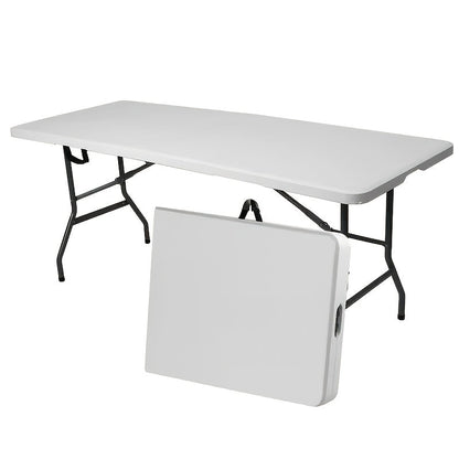 Folding Table 4ft and 6ft White Plastic Top with Black Metal Legs, Carry Handle and Adjustable Height