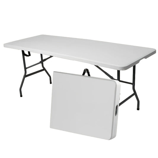 Folding Table 4ft and 6ft White Plastic Top with Black Metal Legs, Carry Handle and Adjustable Height
