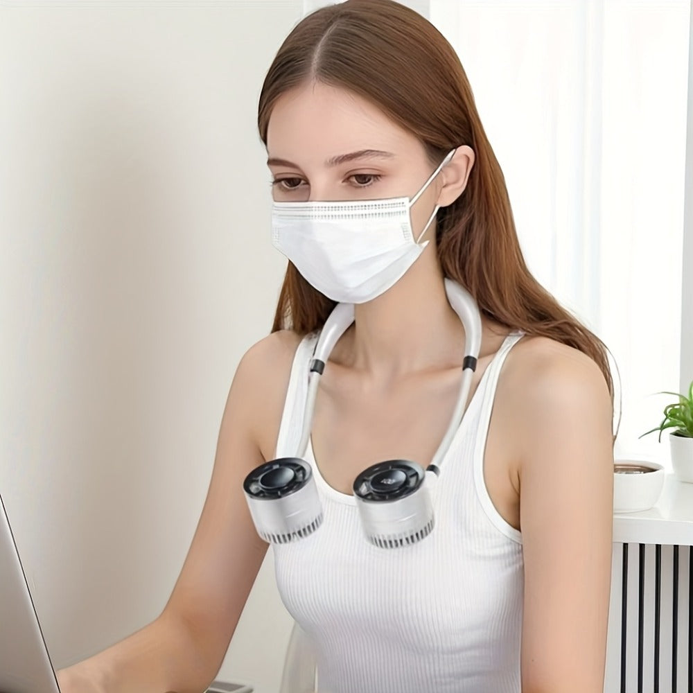 Dual-Head Neck Fan with a Digital Display in White, Green or Champagne Golden and USB Charging