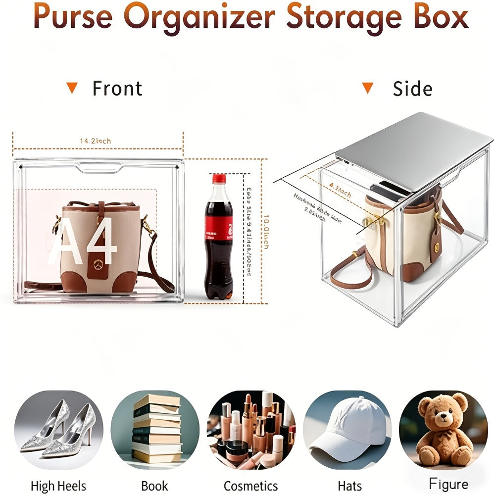 Three-Pack Clear Handbag Display Boxes with Front Magnetic Doors, Stackable Design and Exact Checkout Label