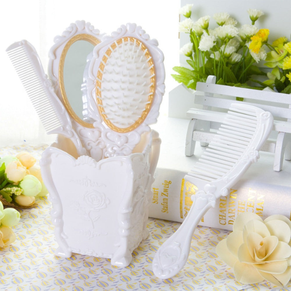 Retro Hair Comb Set with Mirror Scalp Massage Hairbrush Pocket Mirror Vintage Vanity Brush Set for Women Girls Travel Daily Grooming Makeup Gift Black
