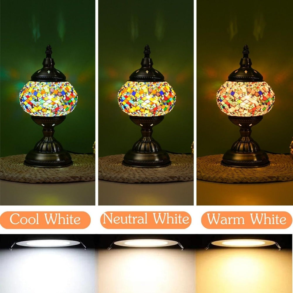 Table Lamp with Mosaic Glass Globe, Metal Base, Seven Color or Pack Options and Three White-Light Modes