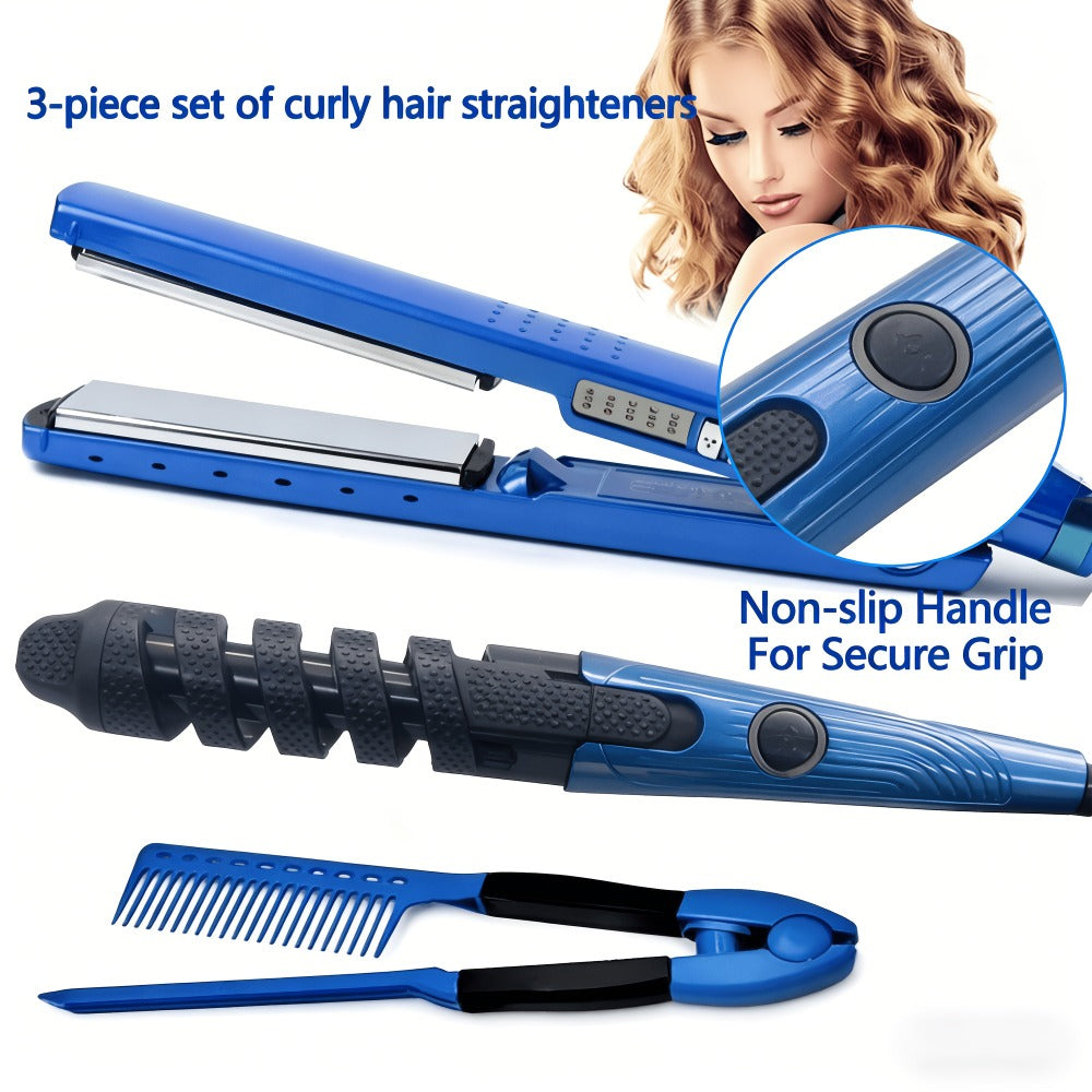 Flat Iron, Curling Iron and Comb Hair Styling Tool Set with Three Pieces in Blue for Home Styling