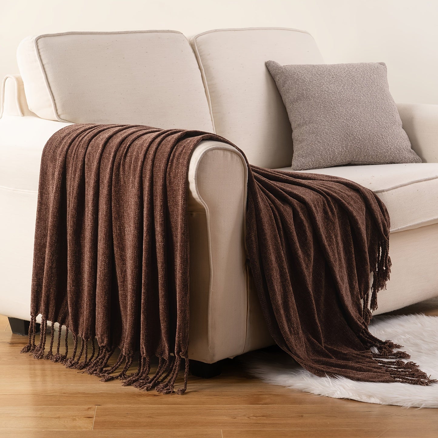 Chenille Fringe Throw Blanket – 180-200gsm Velvety Soft Decorative Throw for Sofa & Couch, Home Decor, 50”×60”, 17 Colors