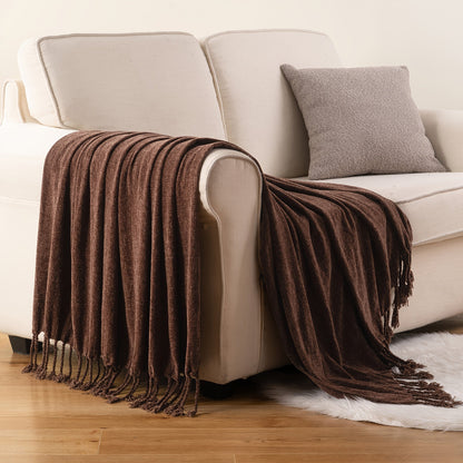 Chenille Fringe Throw Blanket – 180-200gsm Velvety Soft Decorative Throw for Sofa & Couch, Home Decor, 50”×60”, 17 Colors