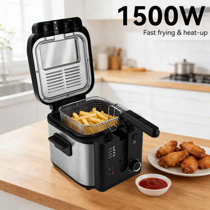Black Stainless-Steel Deep Fryer with 1.5L to 6L Options, Enamel Inner Pot and Foldable Basket Handle
