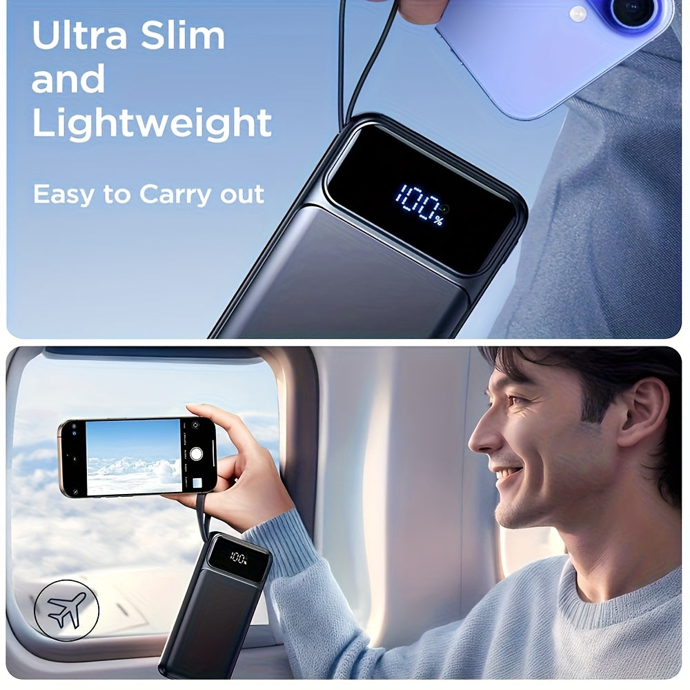 20000mAh Power Bank with Four Built-In Cable Leads, 20W Marking, Percentage Display and Three Colors
